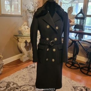 Bebe Wool Blend Rabbit Fur Collar Peacoat Winter Jacket Designer Luxury #732